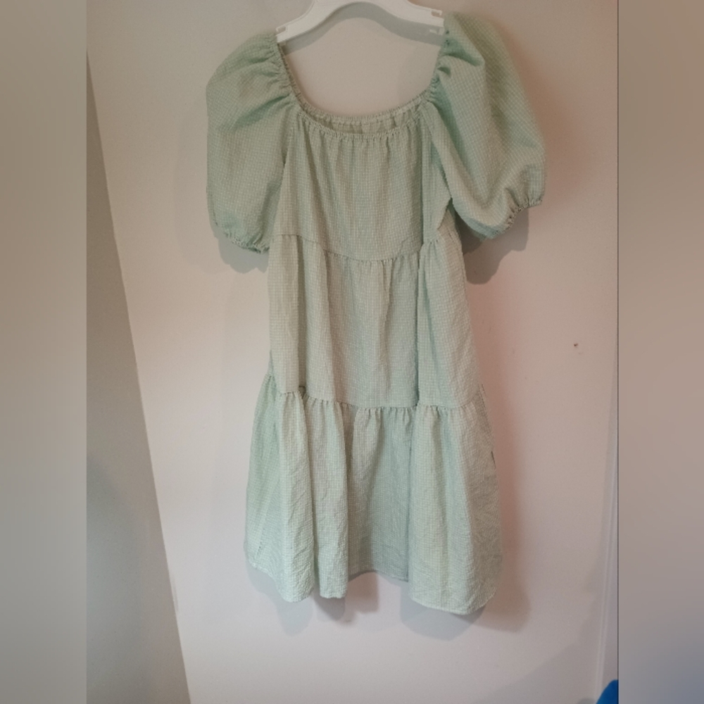SHEIN Sage Green Gingham Puff Sleeve Tiered Mini Dress